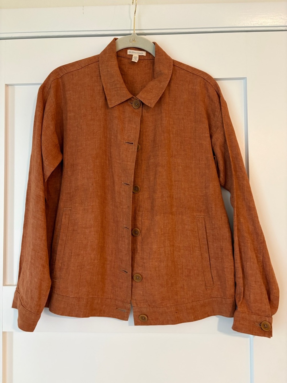 Eileen Fisher Burnt Orange Linen Button Jacket